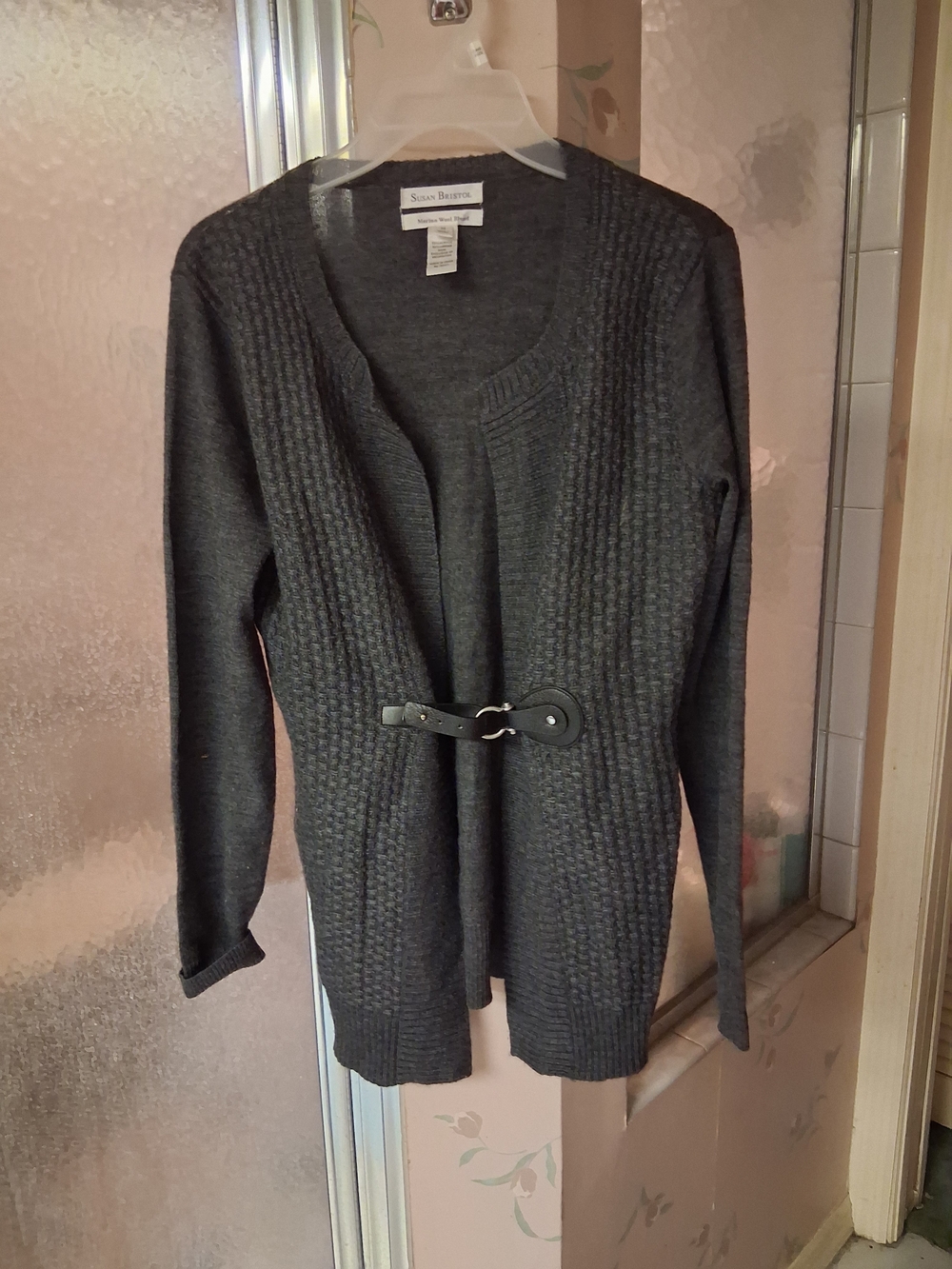 Susan Bristol Charcoal Knit Cardigan Wool  Sweater Medium Buckle Close